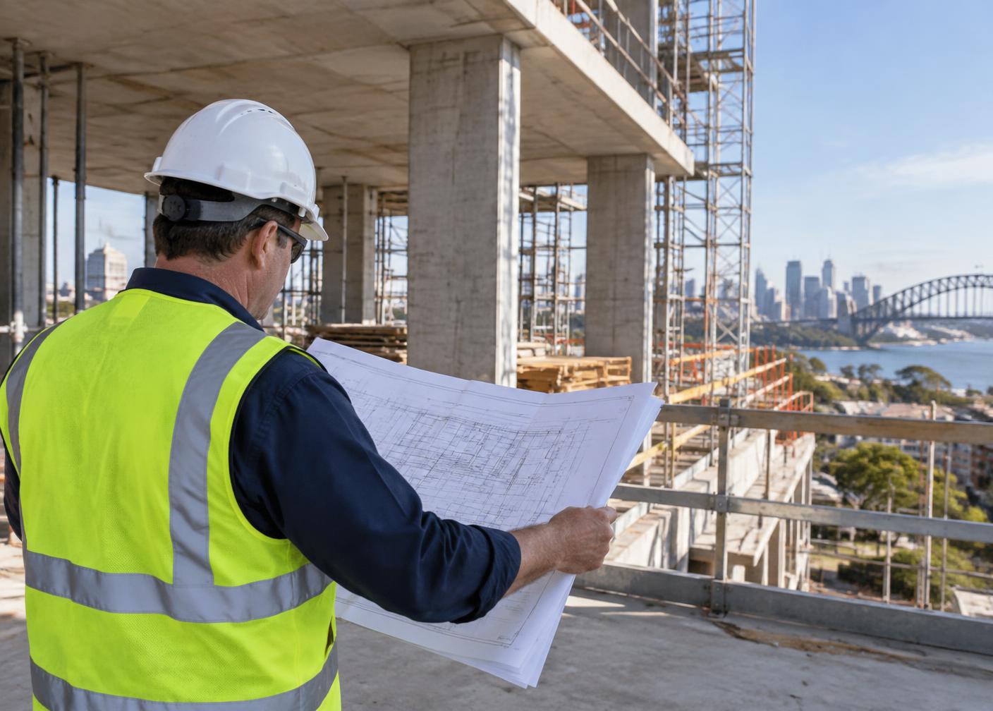 Technical inspector reviewing drawings on site